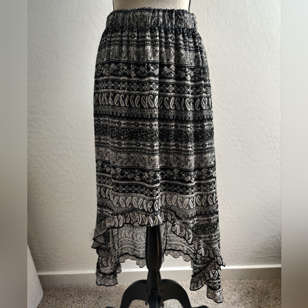 No boundaries Black & gray Paisley floral striped Whimsigoth high-low skirt_XL